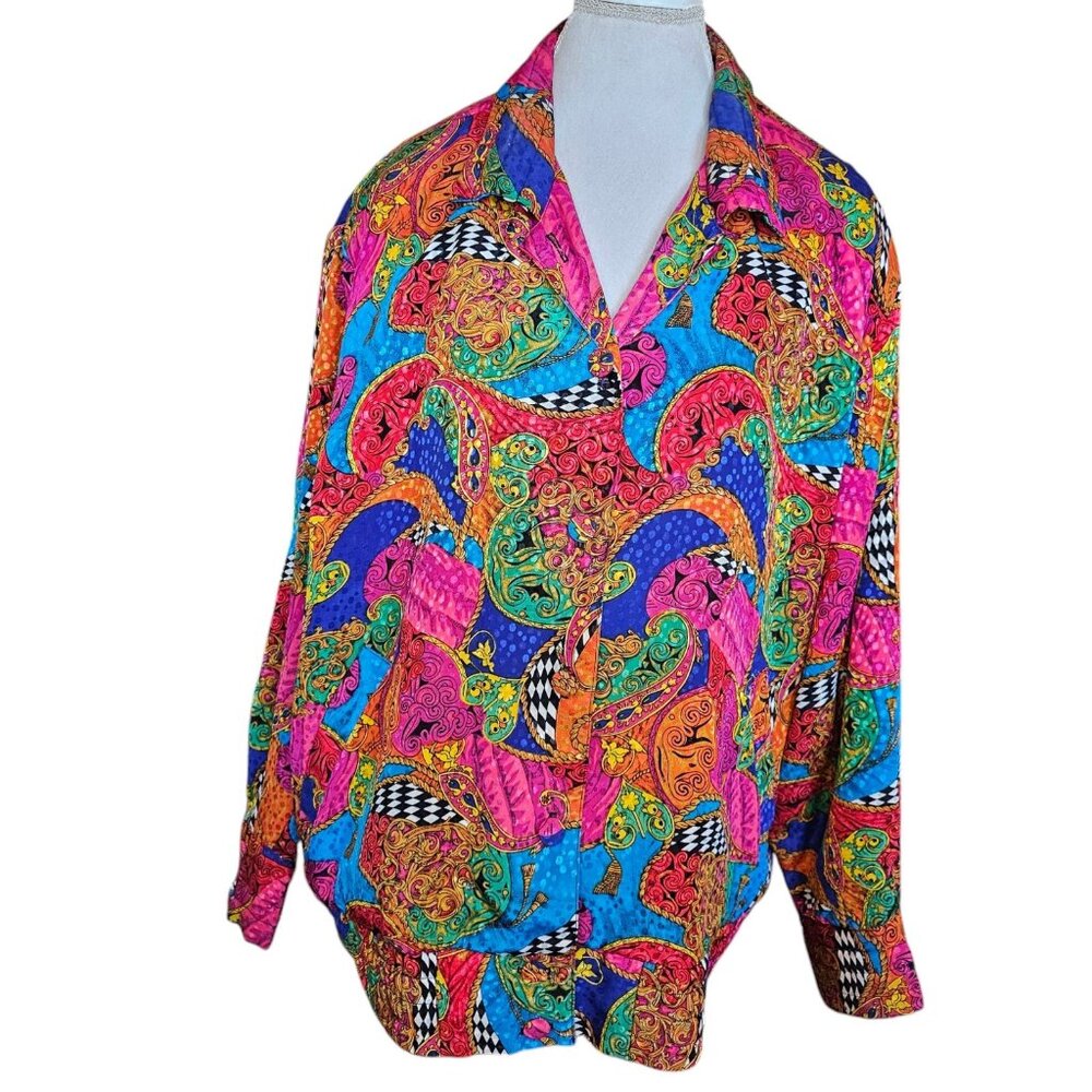 80s 90s Womens Large Satin Bomber Jacket Rainbow Maximalist Statement Size Large